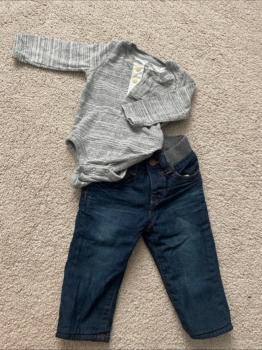 GAP Baby Gray Henley Bodysuit and Dark Blue Denim Pants Set